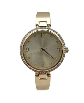 Gold Round Face Rhinestone Bezel Soft Bangle Women Watch