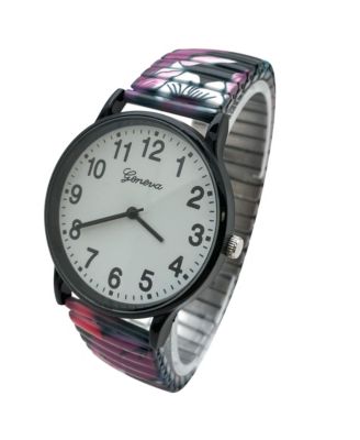 Black Purple Big Dial Easy Reader Watch Abstract Elastic Stretch Band Wristwatch Women Watch