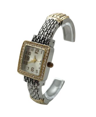 Elegant Detailed Band Square Face Bangle Women Watch, Two Tone