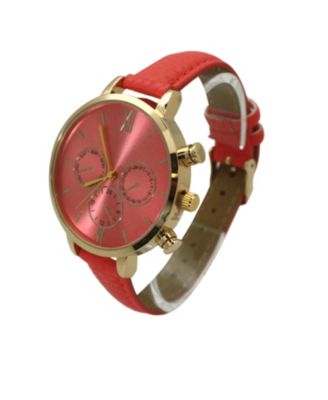 Coral Pink Three Subdial Gold Accented Leather Strap Watch