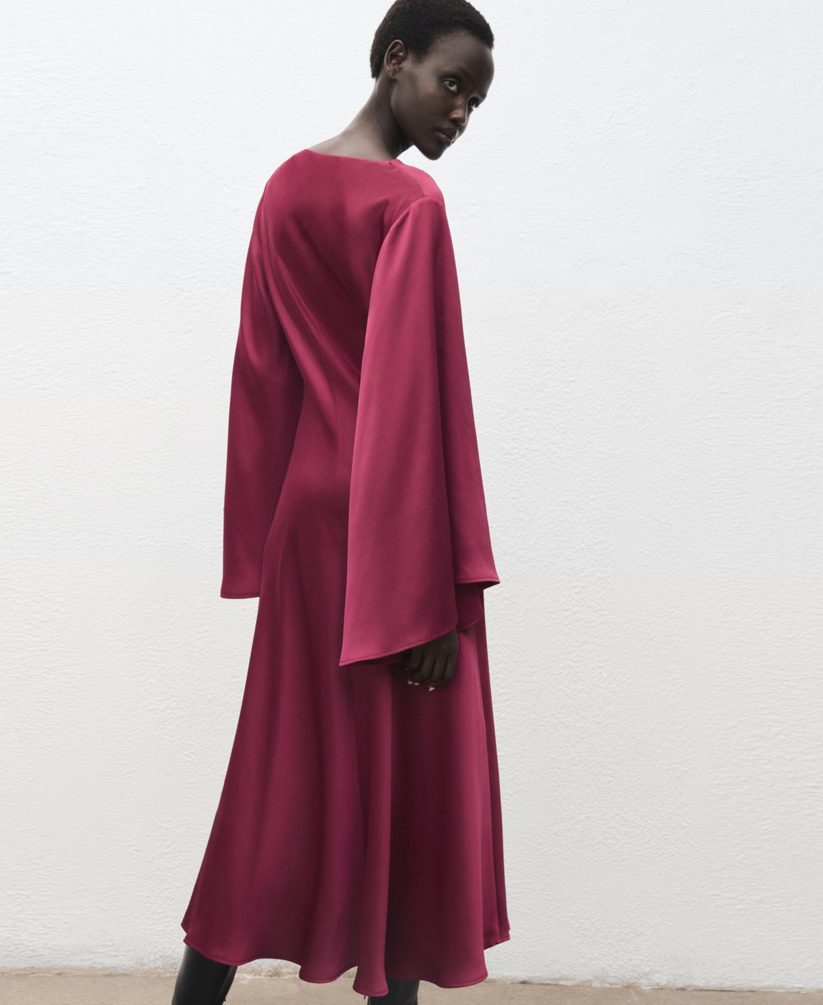 Mango Women's Flared-sleeve Satin Dress In Burgundy