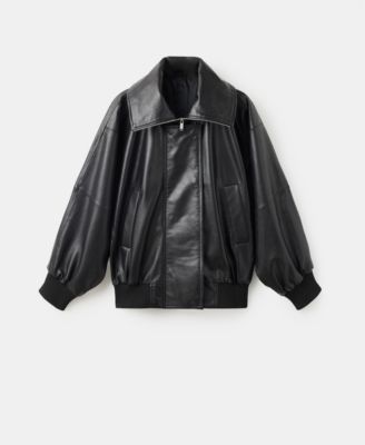 MANGO - Women's Leather Notched Lapel Collar Jacket