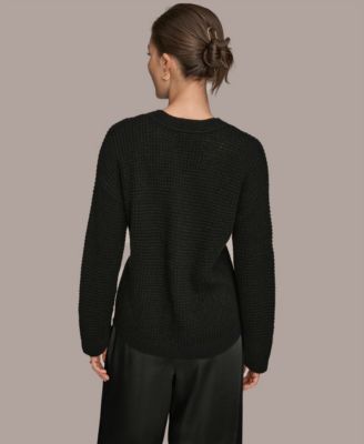 Women's Long-Sleeve Wool Cashmere Blend Waffle Stitch Sweater with Chest Pocket