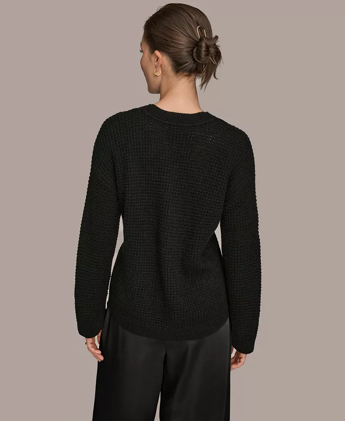 Women's Long-Sleeve Wool Cashmere Blend Waffle Stitch Sweater with Chest Pocket - thumbnail 9