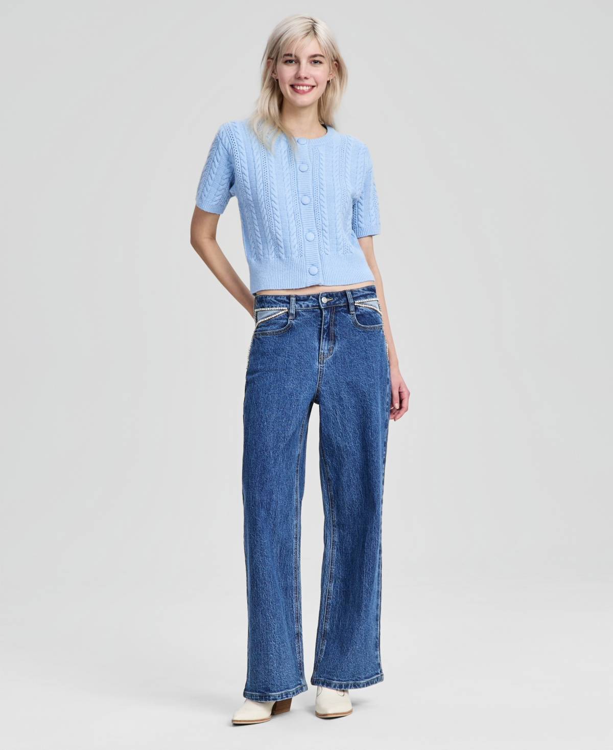 Bar Iii Women's Rhinestone Embellished Wide Leg Jeans, Macy's Exclusive In Blue