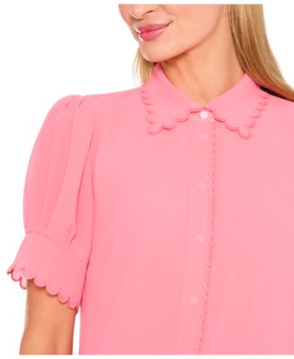 Women's Scalloped Puff-Sleeve Button-Front Top