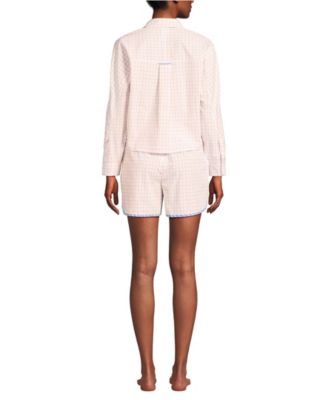 Women's Cotton Poplin 2 Piece Pajama Set - Long Sleeve Top and Shorts with Piping
