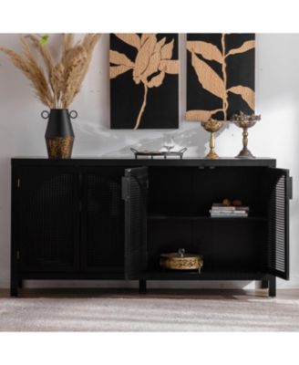 58" Mid-Century MDF & Rattan Magnetic Doors, Adjustable Shelves, Metal Handles Rattan Sideboard Buffet Cabinet