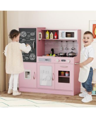 Play Kitchen Toy Set w/ Chalkboard Oven Sink Curtain Microwave Water Dispenser