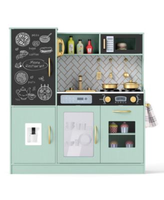 Play Kitchen Toy Set w/ Chalkboard Oven Sink Curtain Microwave Water Dispenser