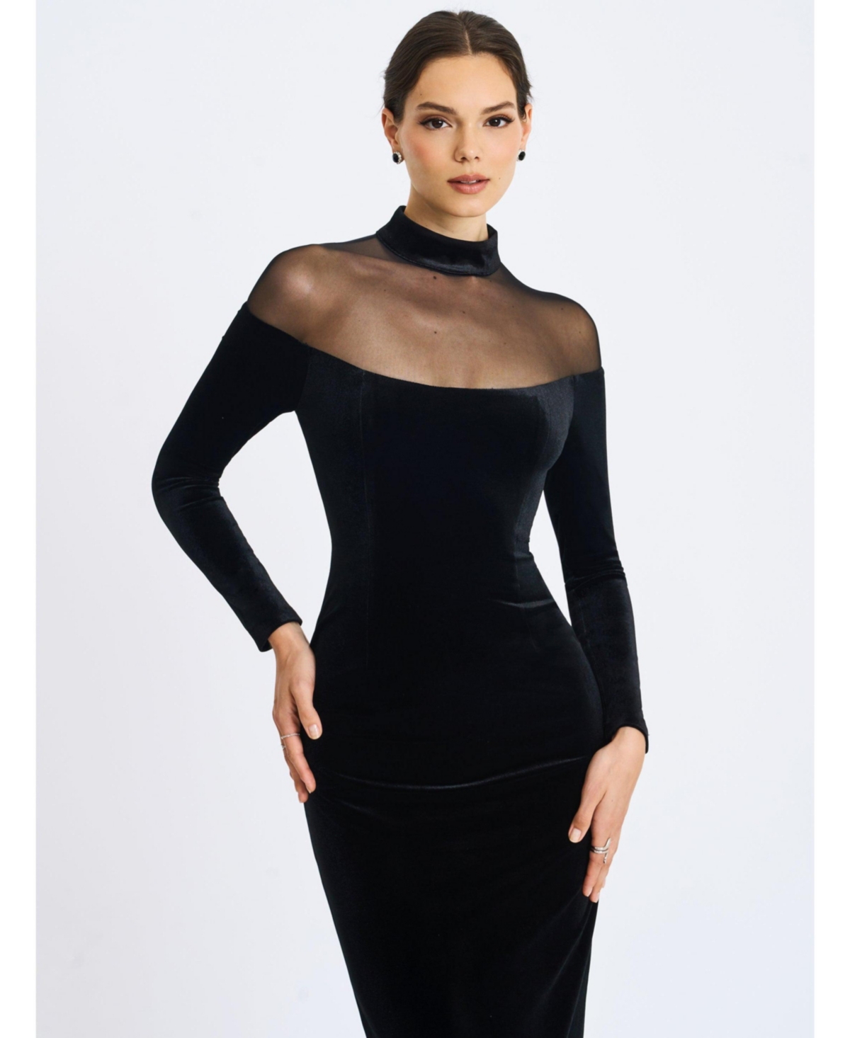 Miss Circle Women's Blair Black Sheer Mock Neck Maxi Dress