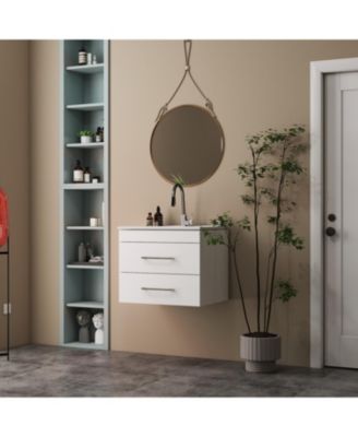 24" White Gloss Wall-Mount Vanity, Double Drawer, Ceramic Sink