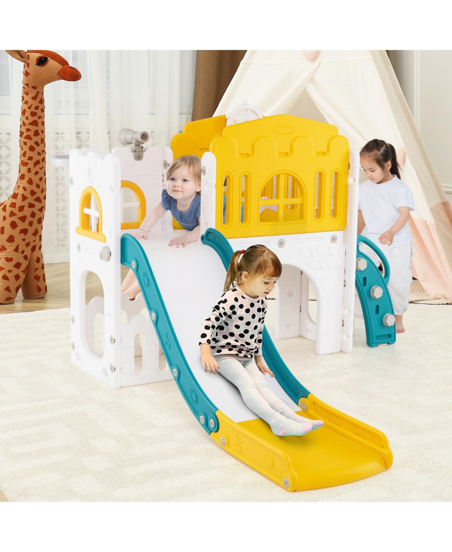 9 in 1 Toddler Slide L Shaped Kids Slide and Climber Playset w/ Basketball Hoop