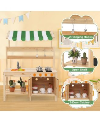 Kids Mud Kitchen Outdoor Wooden Pretend Play Kitchen w/ 4 Stoves, Canopy Faucet