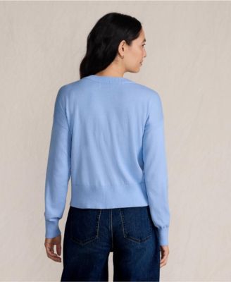 Women's Cropped Placed Jacquard Fine Gauge Crew Neck Cardigan Sweater