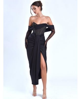 Women's Stella Black Off Shoulder Crystal Corset Satin Gown