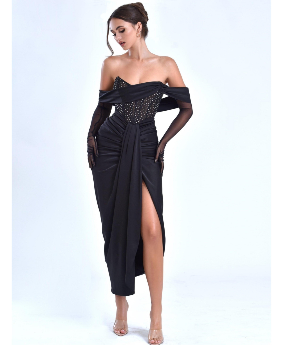 Miss Circle Women's Stella Black Off Shoulder Crystal Corset Satin Gown