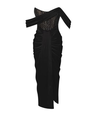 Women's Stella Black Off Shoulder Crystal Corset Satin Gown