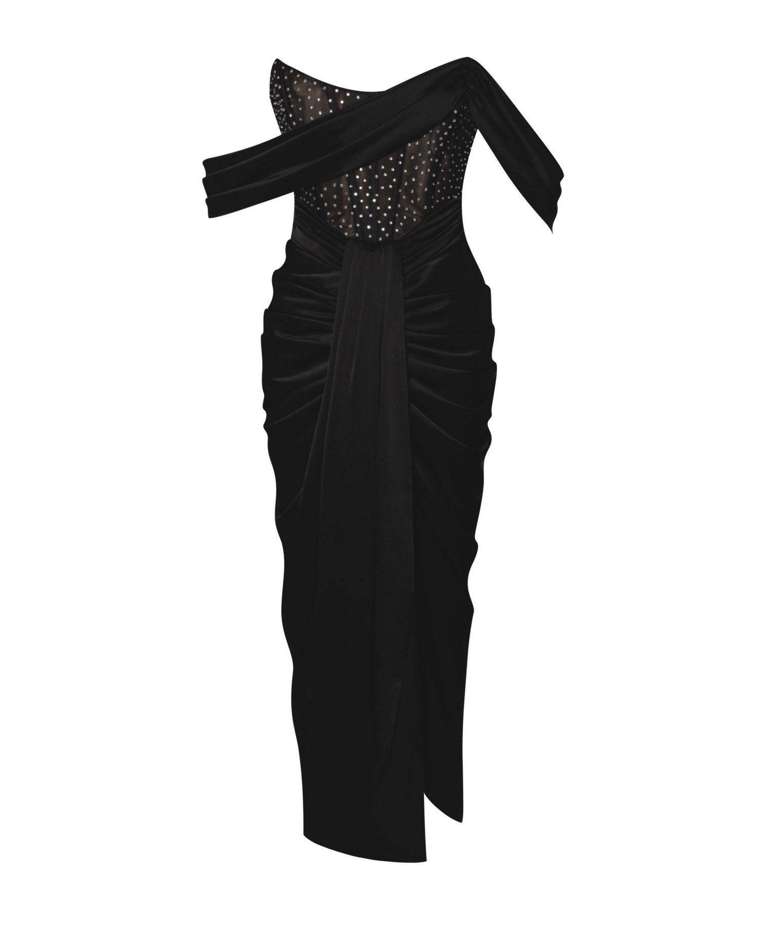 Women's Stella Black Off Shoulder Crystal Corset Satin Gown