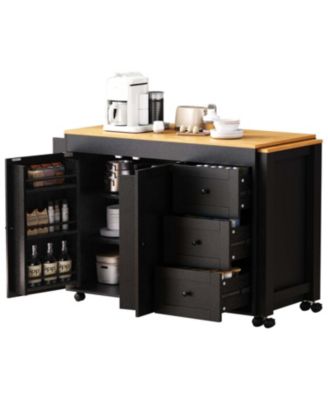 Kitchen Island w/ Extendable Table, 3 Drawers, Outlet, Wheels, Spice Rack - Black