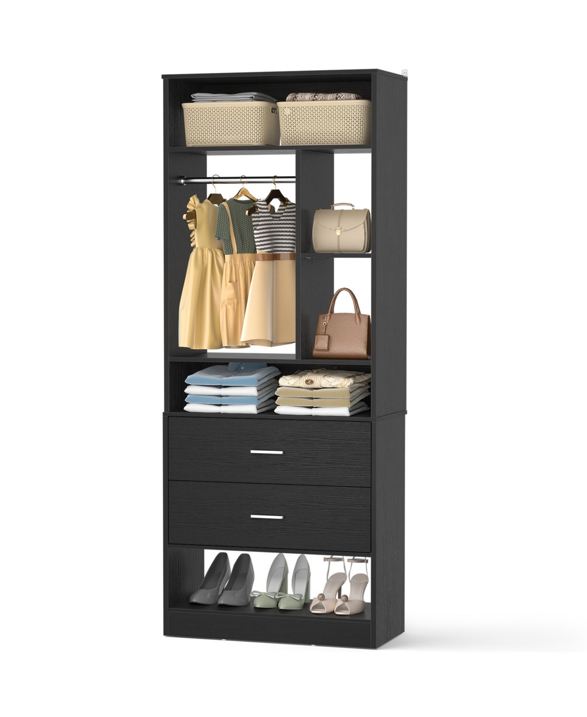 Aheaplus 23.6'' Freestanding Closet System with 2 Drawers and 6 Shelves, 2FT Small Walk-in Organizer Hanging Rod