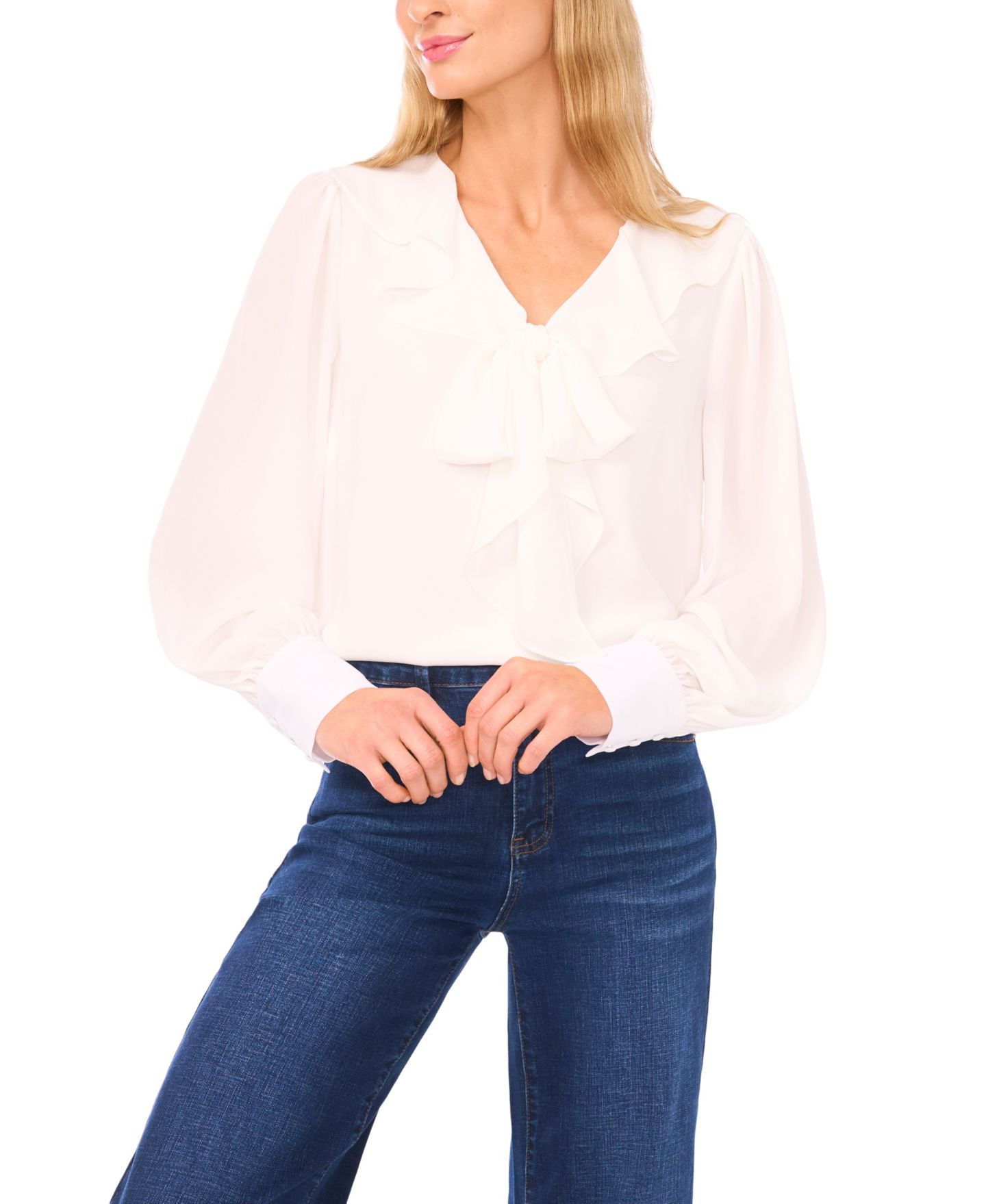 Женский топ CeCe Ruffle Tie V-Neck, цвет: Слоновая кость — фото 1