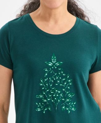 Petite Holiday Tree Printed Scoop Neck Top, Macy's Exclusive