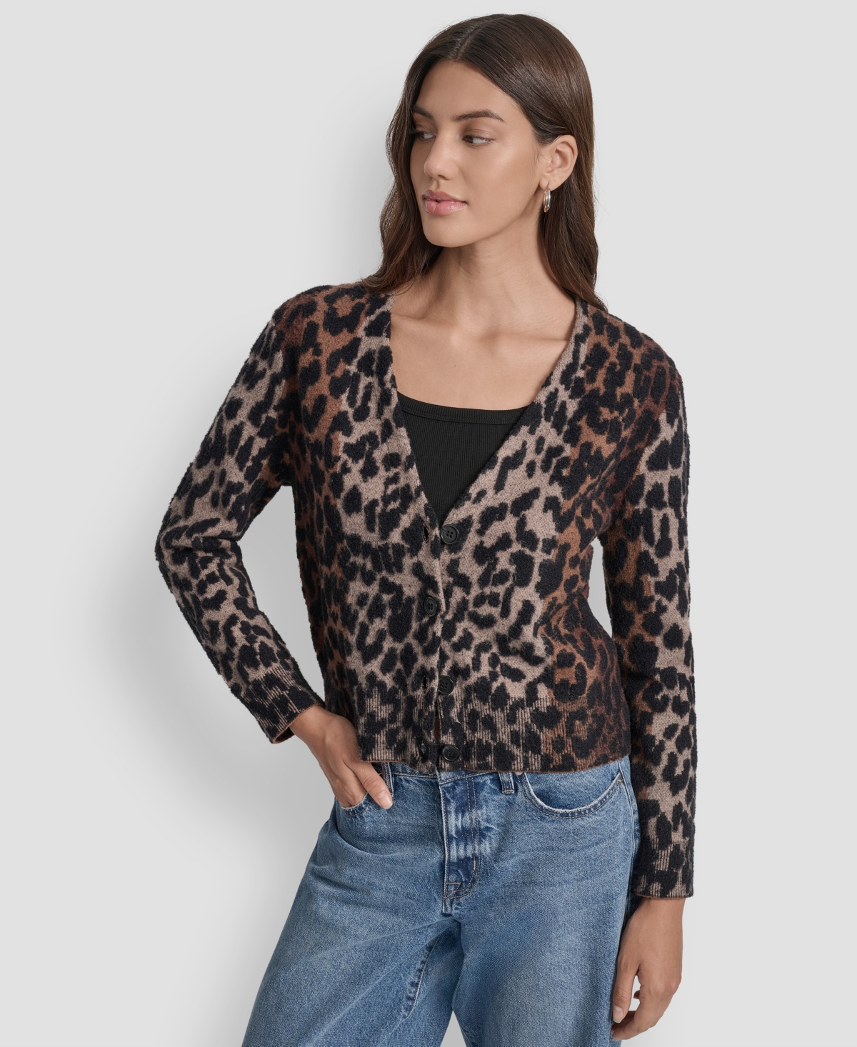 Dkny Jeans Women's Long Sleeves Leopard Print Cardigan Sweater