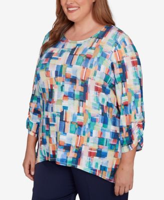 Plus Size Saratoga Springs Tile Print Colorblock Textured Top