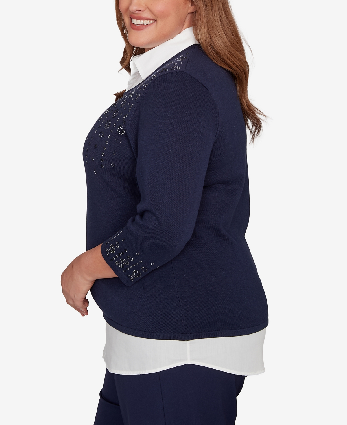 Alfred Dunner Plus Size Saratoga Springs Metallic Studded Textured Two In One Sweater In Blue