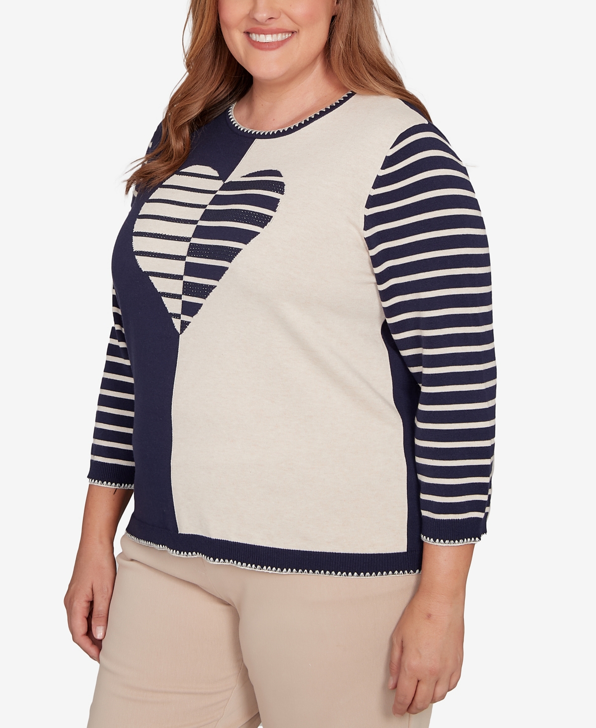 Alfred Dunner Plus Size Saratoga Springs Heart Motif Detail Striped Sweater In Blue