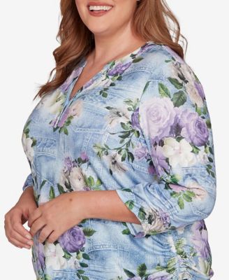 Plus Size Hilton Head Denim Floral Applique Henley Top