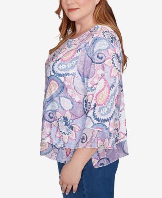 Plus Size Hilton Head Paisley Print Layered Hem Knit Top