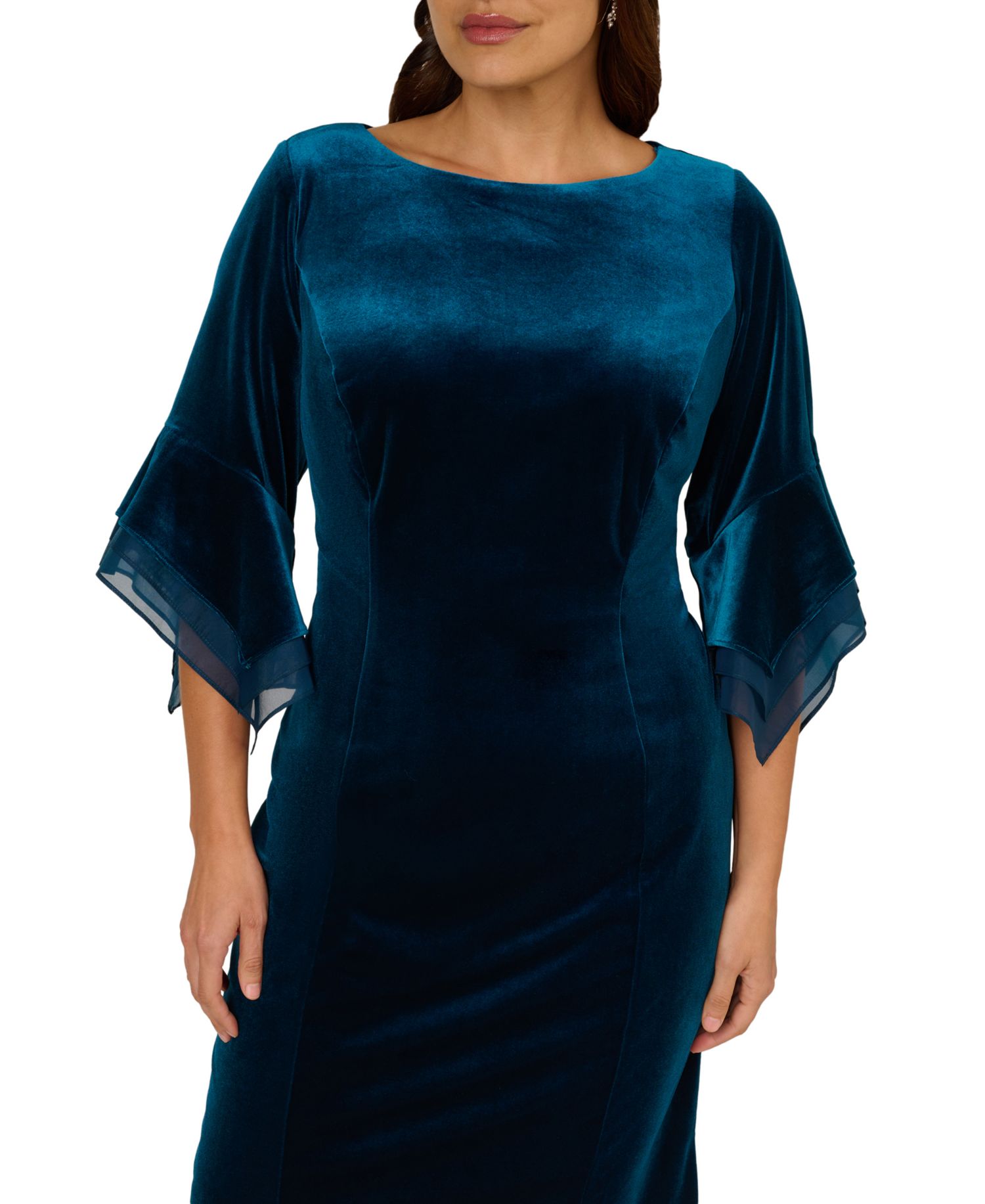 Plus Velvet Bell-Sleeve Mesh-Trim Dress
