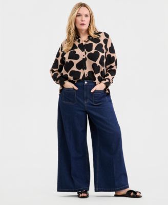 Trendy Plus Size Giant Heart Print Button-Front Crepe Shirt, Macy's Exclusive