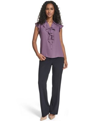 Petite Solid Cap Sleeve Ruffle Front Top