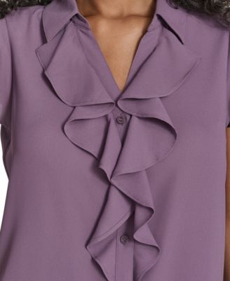 Petite Solid Cap Sleeve Ruffle Front Top