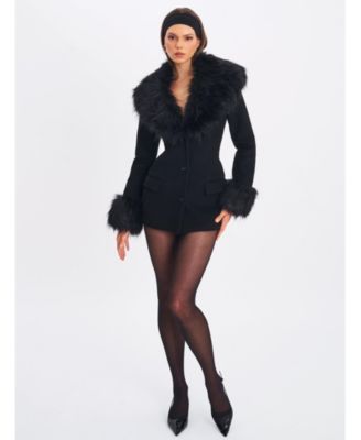 Women Hailee Black Single Breasted Wool Blend Mini Coat with Removable Fur Lapel