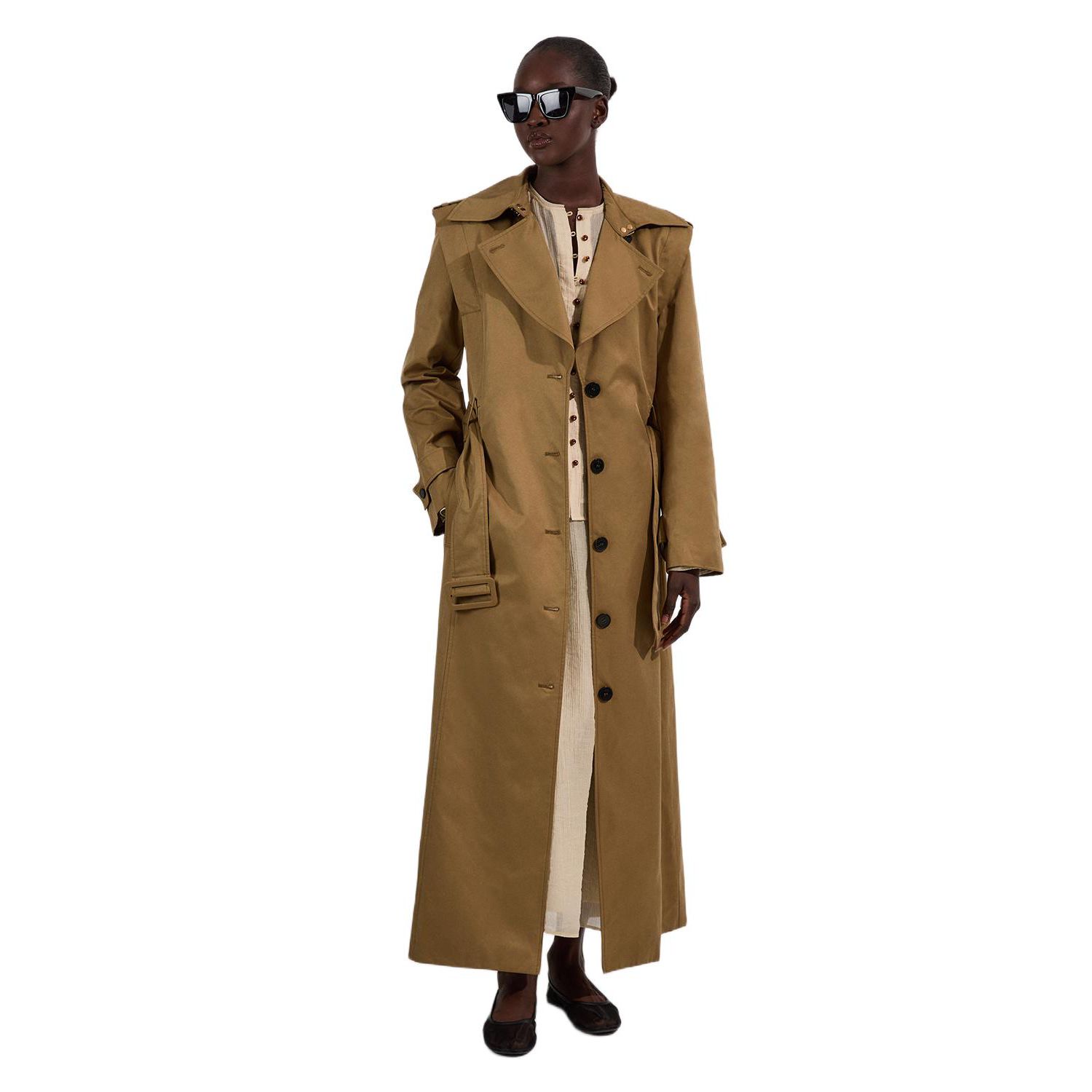 Women's Strong Shoulder Belted Maxi Trench Coat