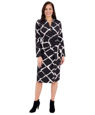 London Times - Women's Collar Printed Side Tie Midi Dress