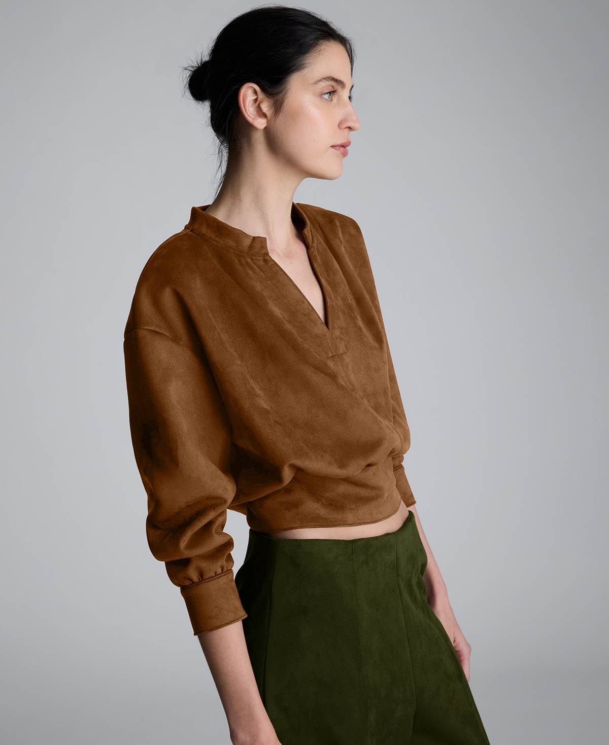 Kenneth Cole Sueded Scuba Knit V-neck Top In Brown