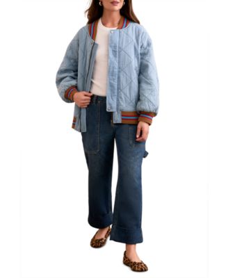 Women's Blue Thread Oversized Cotton Quilted Bomber Jacket