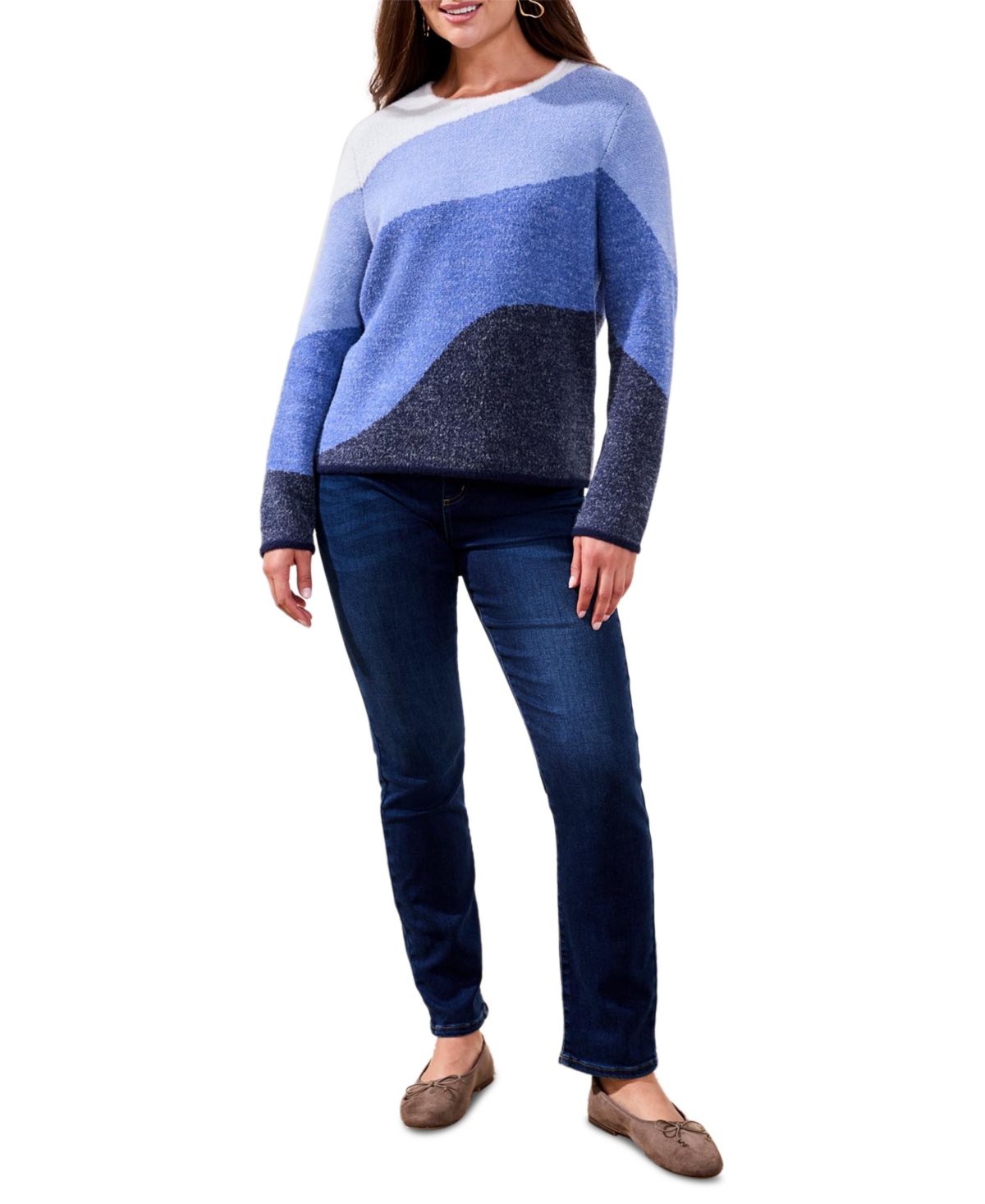 Tribal Women's Fuzzy Double Knit Crew Neck Sweater In Blue