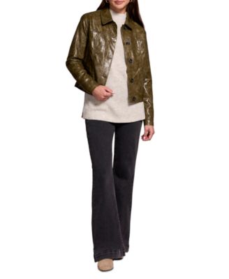 Women's Faux Leather Button-Front Collar-Accent Jacket