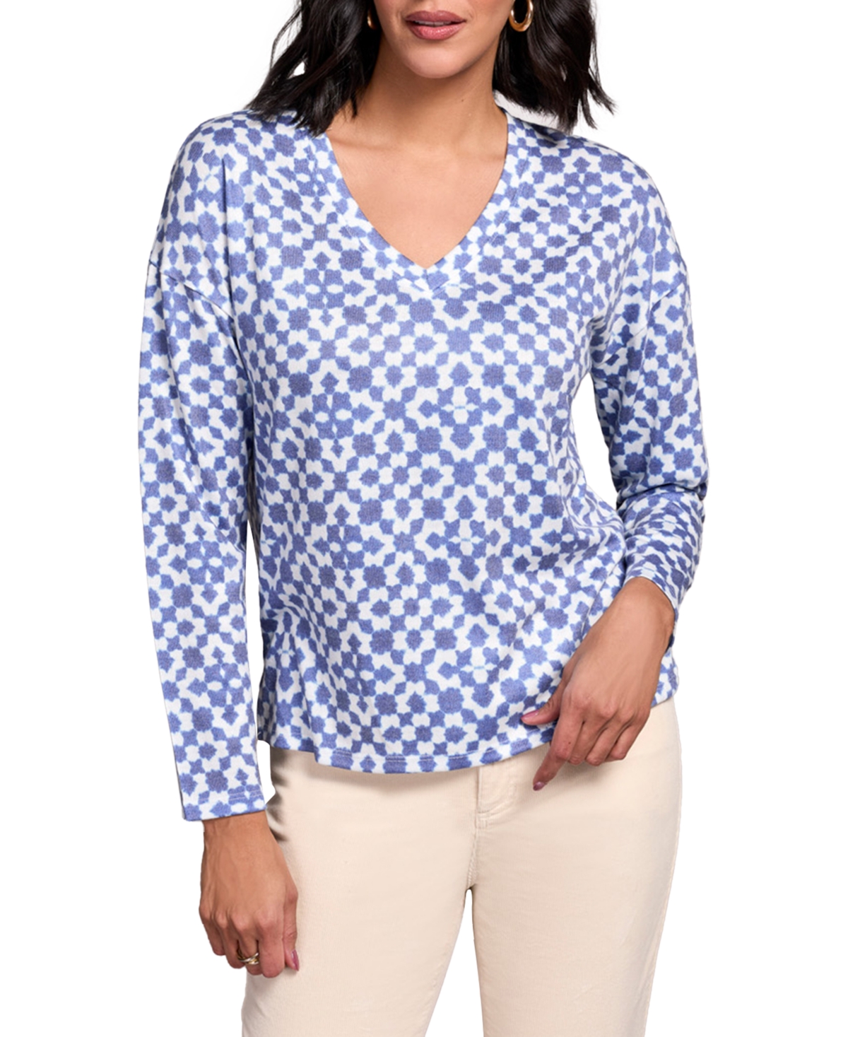 Tribal Fuzzy Soft V-neck Combo Print Knit Top In Ultra Blue In Blue