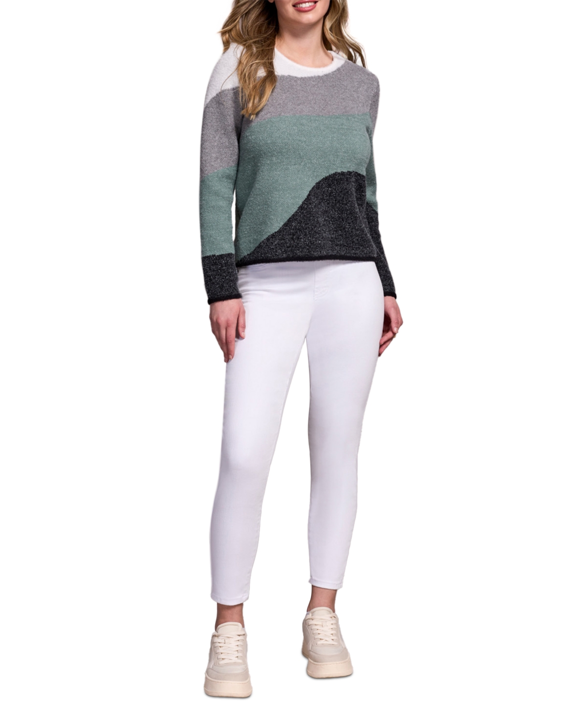 Tribal Women's Fuzzy Double Knit Crew Neck Sweater In Green