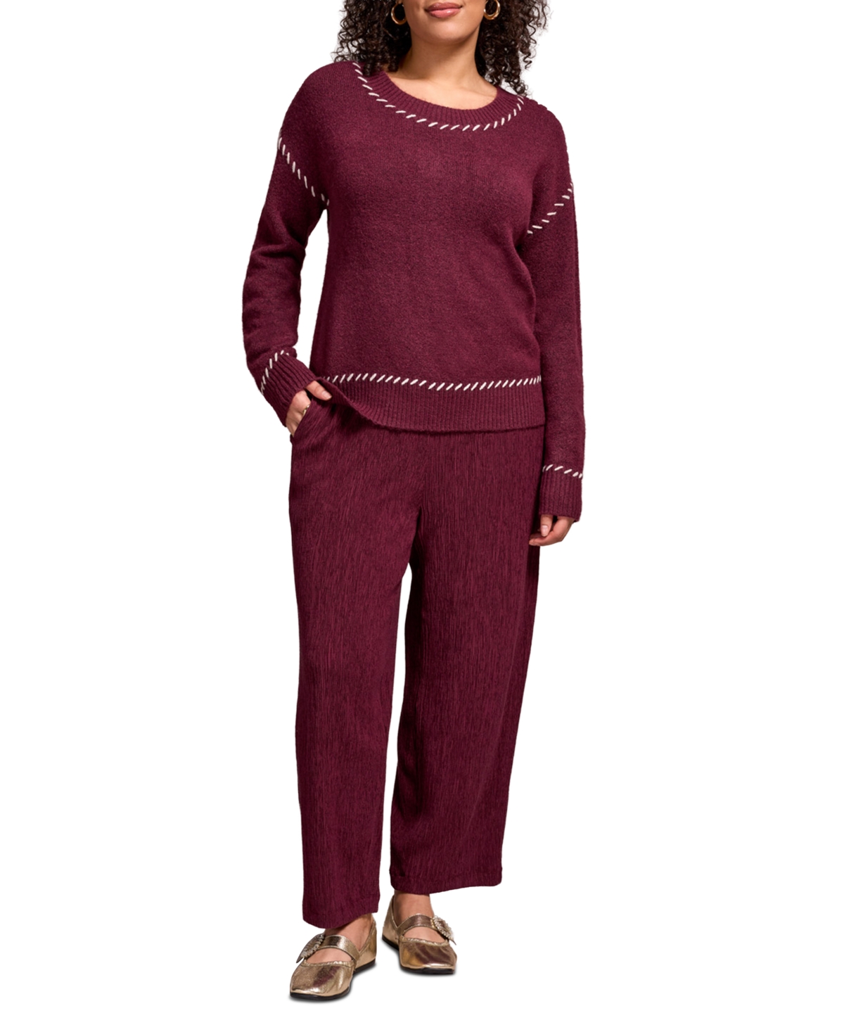 Tribal Women's Saddle Stitch Crew Neck Sweater In Burgundy