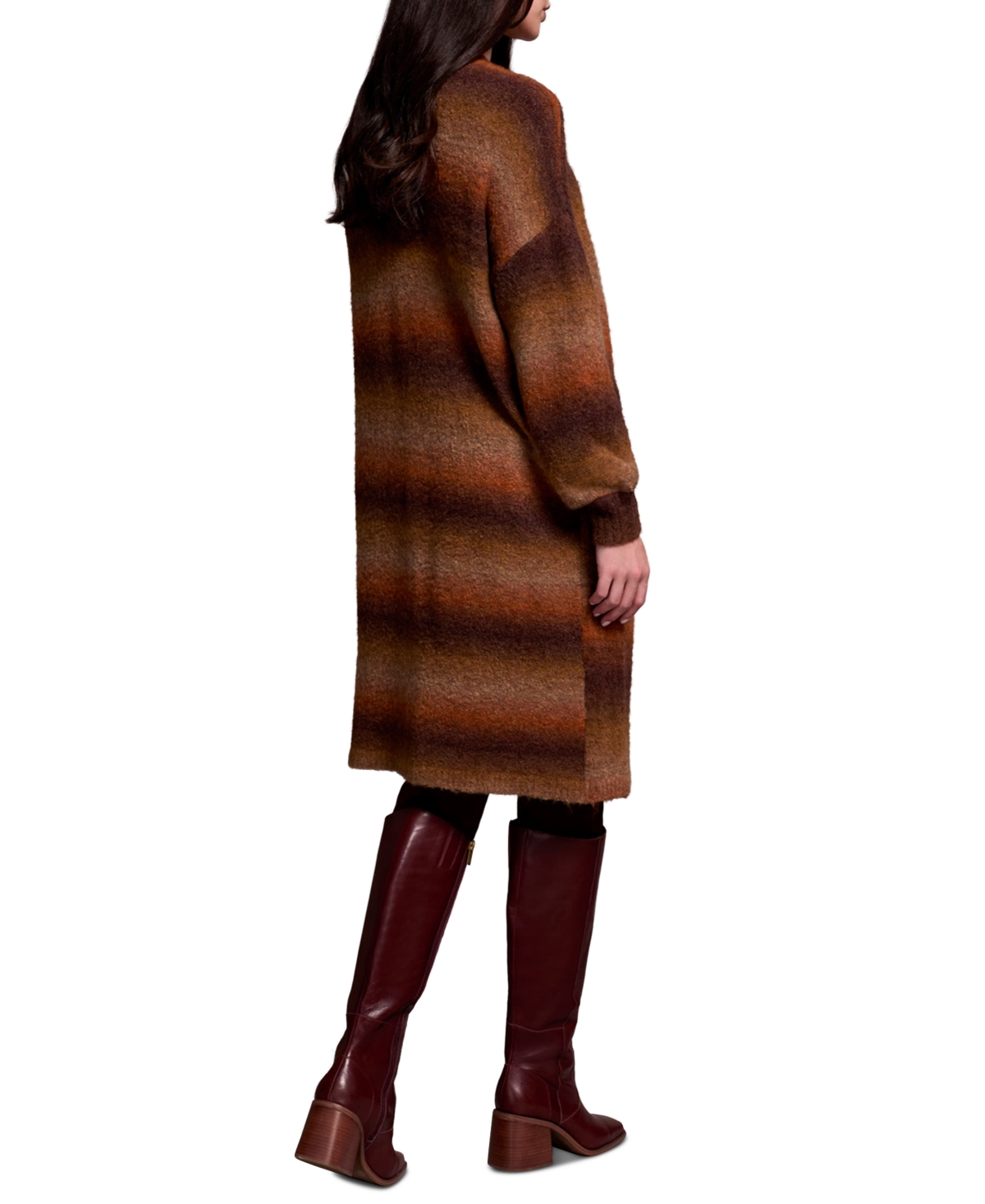 Tribal Women's Boucle Space Dye Puff Sleeve Long Cardigan Sweater In Brown