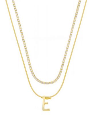 Unwritten - Letter "E" Initial Snake Chain Cubic Zirconia Chain Necklace With Extender 2Pcs Set