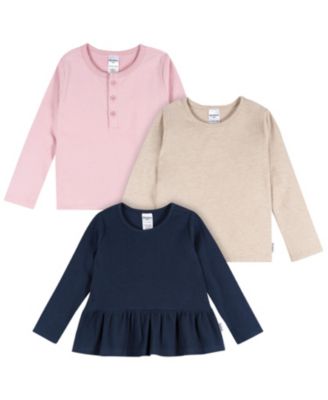 Toddler Girls 3-Pack Long Sleeve Shirts, Navy/Oatmeal/Violet, 5T